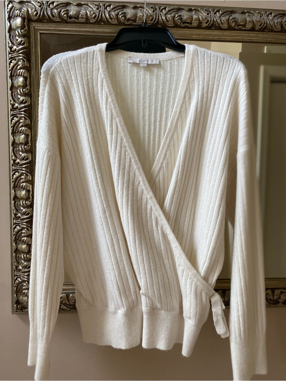 LOFT Cream Ribbed Faux Wrap Sweater, XXL